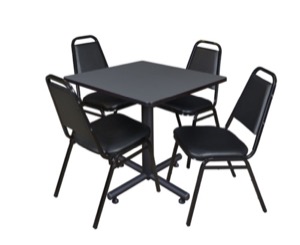 Kobe 30" Square Breakroom Table - Grey & 4 Restaurant Stack Chairs - Black