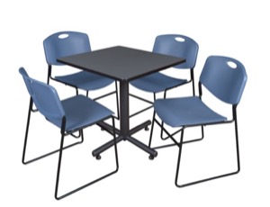 Kobe 30" Square Breakroom Table - Grey & 4 Zeng Stack Chairs - Blue