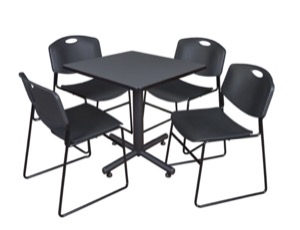 Kobe 30" Square Breakroom Table - Grey & 4 Zeng Stack Chairs - Black