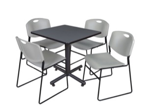 Kobe 30" Square Breakroom Table - Grey & 4 Zeng Stack Chairs - Grey