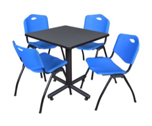 Kobe 30" Square Breakroom Table - Grey & 4 'M' Stack Chairs - Blue