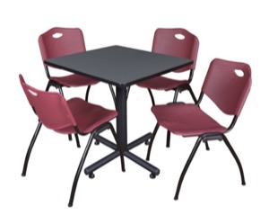 Kobe 30" Square Breakroom Table - Grey & 4 'M' Stack Chairs - Burgundy