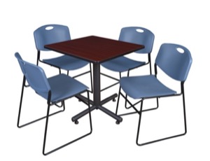 Kobe 30" Square Breakroom Table - Mahogany & 4 Zeng Stack Chairs - Blue