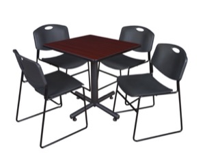 Kobe 30" Square Breakroom Table - Mahogany & 4 Zeng Stack Chairs - Black