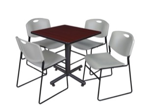 Kobe 30" Square Breakroom Table - Mahogany & 4 Zeng Stack Chairs - Grey