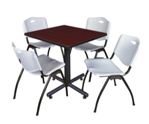 Kobe 30" Square Breakroom Table - Mahogany & 4 'M' Stack Chairs - Grey