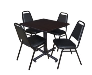 Kobe 30" Square Breakroom Table - Mocha Walnut  & 4 Restaurant Stack Chairs - Black