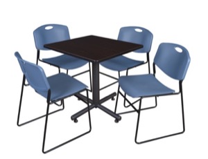 Kobe 30" Square Breakroom Table - Mocha Walnut  & 4 Zeng Stack Chairs - Blue