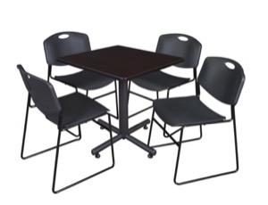 Kobe 30" Square Breakroom Table - Mocha Walnut  & 4 Zeng Stack Chairs - Black