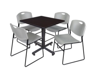 Kobe 30" Square Breakroom Table - Mocha Walnut  & 4 Zeng Stack Chairs - Grey
