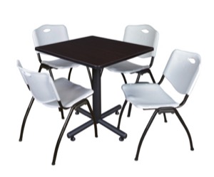 Kobe 30" Square Breakroom Table - Mocha Walnut  & 4 'M' Stack Chairs - Grey