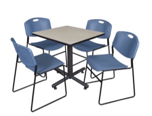 Kobe 30" Square Breakroom Table - Maple & 4 Zeng Stack Chairs - Blue