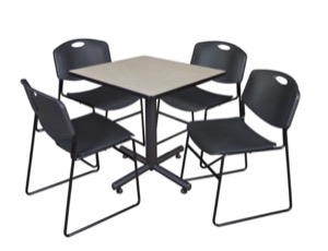 Kobe 30" Square Breakroom Table - Maple & 4 Zeng Stack Chairs - Black