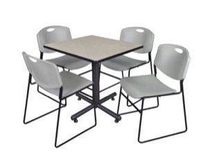 Kobe 30" Square Breakroom Table - Maple & 4 Zeng Stack Chairs - Grey