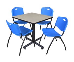 Kobe 30" Square Breakroom Table - Maple & 4 'M' Stack Chairs - Blue