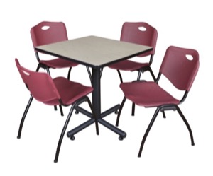 Kobe 30" Square Breakroom Table - Maple & 4 'M' Stack Chairs - Burgundy
