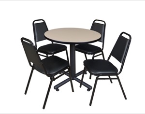 Kobe 30" Round Breakroom Table - Beige & 4 Restaurant Stack Chairs - Black