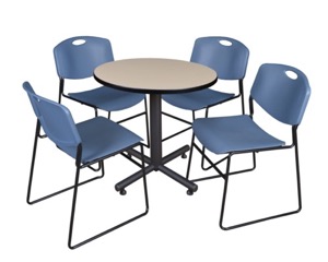 Kobe 30" Round Breakroom Table - Beige & 4 Zeng Stack Chairs - Blue