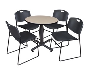 Kobe 30" Round Breakroom Table - Beige & 4 Zeng Stack Chairs - Black