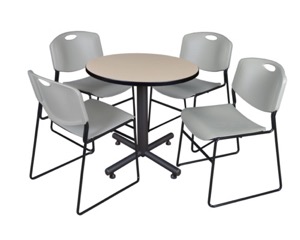 Kobe 30" Round Breakroom Table - Beige & 4 Zeng Stack Chairs - Grey