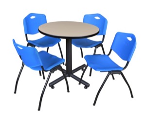 Kobe 30" Round Breakroom Table - Beige & 4 'M' Stack Chairs - Blue