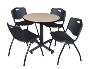 Kobe 30" Round Breakroom Table - Beige & 4 'M' Stack Chairs - Black
