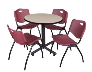 Kobe 30" Round Breakroom Table - Beige & 4 'M' Stack Chairs - Burgundy