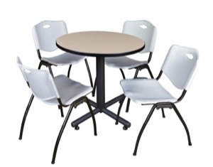 Kobe 30" Round Breakroom Table - Beige & 4 'M' Stack Chairs - Grey
