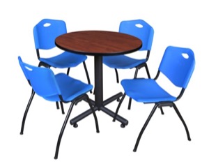 Kobe 30" Round Breakroom Table - Cherry & 4 'M' Stack Chairs - Blue