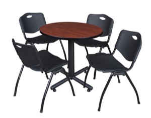 Kobe 30" Round Breakroom Table - Cherry & 4 'M' Stack Chairs - Black