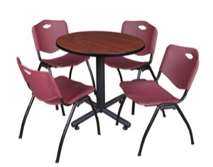 Kobe 30" Round Breakroom Table - Cherry & 4 'M' Stack Chairs - Burgundy