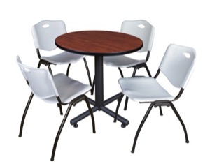 Kobe 30" Round Breakroom Table - Cherry & 4 'M' Stack Chairs - Grey