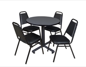 Kobe 30" Round Breakroom Table - Grey & 4 Restaurant Stack Chairs - Black