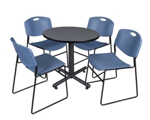 Kobe 30" Round Breakroom Table - Grey & 4 Zeng Stack Chairs - Blue
