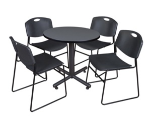 Kobe 30" Round Breakroom Table - Grey & 4 Zeng Stack Chairs - Black
