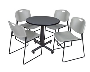 Kobe 30" Round Breakroom Table - Grey & 4 Zeng Stack Chairs - Grey