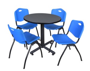 Kobe 30" Round Breakroom Table - Grey & 4 'M' Stack Chairs - Blue