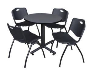 Kobe 30" Round Breakroom Table - Grey & 4 'M' Stack Chairs - Black