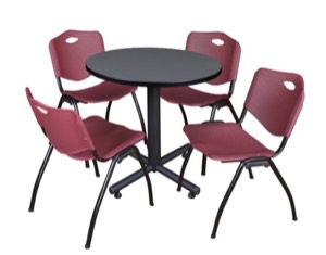 Kobe 30" Round Breakroom Table - Grey & 4 'M' Stack Chairs - Burgundy