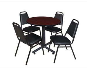 Kobe 30" Round Breakroom Table - Mahogany & 4 Restaurant Stack Chairs - Black