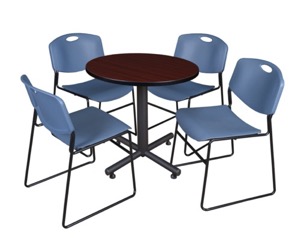 Kobe 30" Round Breakroom Table - Mahogany & 4 Zeng Stack Chairs - Blue