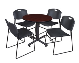 Kobe 30" Round Breakroom Table - Mahogany & 4 Zeng Stack Chairs - Black