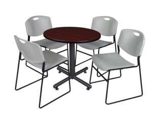 Kobe 30" Round Breakroom Table - Mahogany & 4 Zeng Stack Chairs - Grey