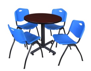 Kobe 30" Round Breakroom Table - Mahogany & 4 'M' Stack Chairs - Blue