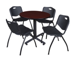 Kobe 30" Round Breakroom Table - Mahogany & 4 'M' Stack Chairs - Black