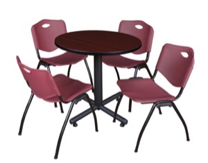 Kobe 30" Round Breakroom Table - Mahogany & 4 'M' Stack Chairs - Burgundy