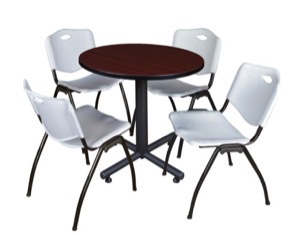 Kobe 30" Round Breakroom Table - Mahogany & 4 'M' Stack Chairs - Grey