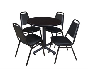 Kobe 30" Round Breakroom Table - Mocha Walnut  & 4 Restaurant Stack Chairs - Black