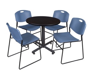 Kobe 30" Round Breakroom Table - Mocha Walnut  & 4 Zeng Stack Chairs - Blue