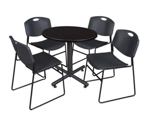 Kobe 30" Round Breakroom Table - Mocha Walnut  & 4 Zeng Stack Chairs - Black